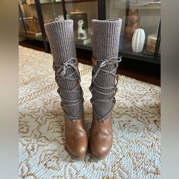 Chloe Shoes - Chloe Brown Leather & Knit Lace-Up Heel Boots - Size EU 39/ 8-8.5